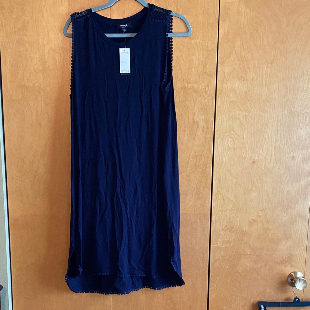 Navy Sleeveless stretchy Shift Dress with Crochet Trim